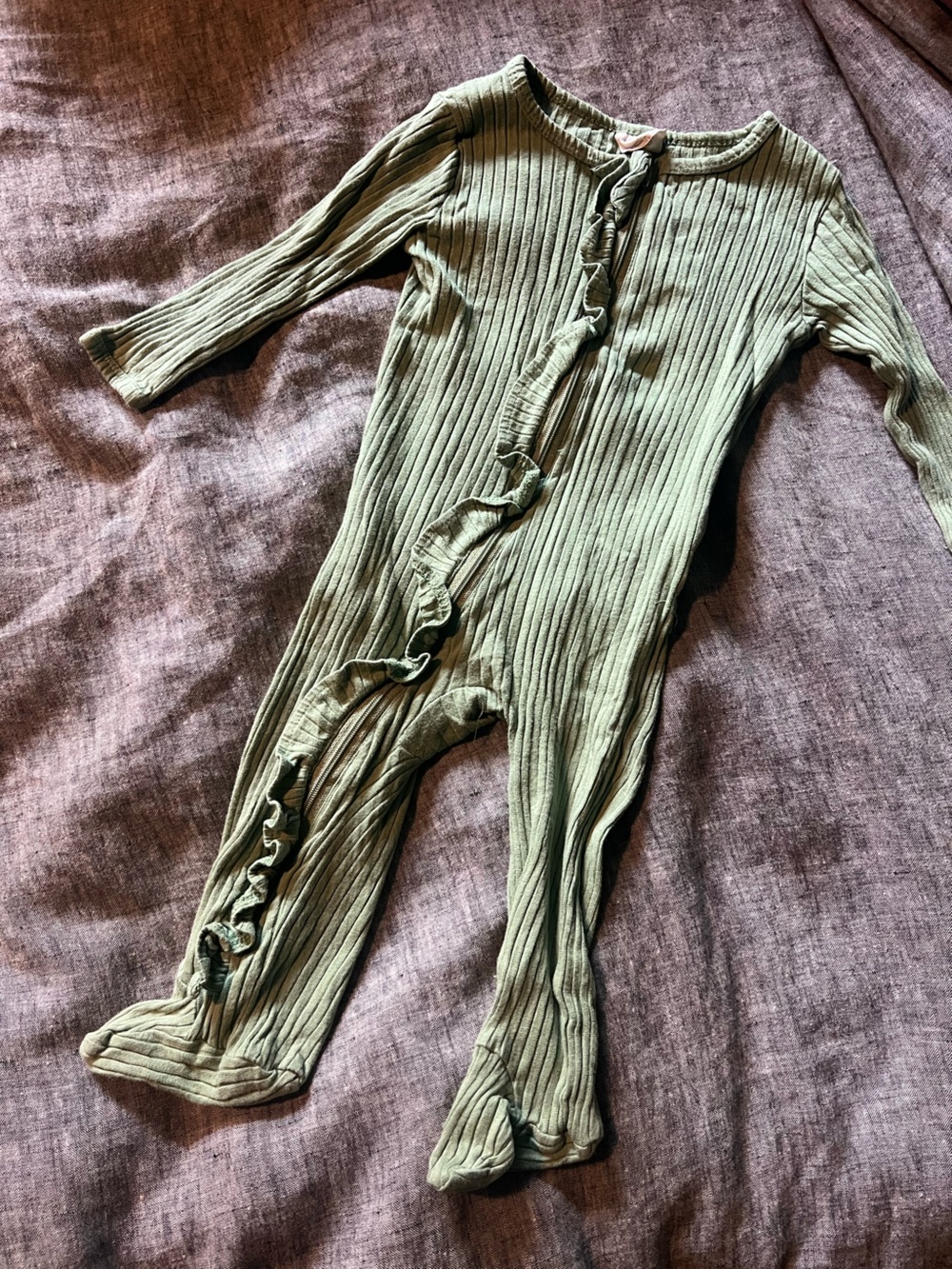 Ribbed Olive Green Ruffle-Trim Footed pajamas for Baby